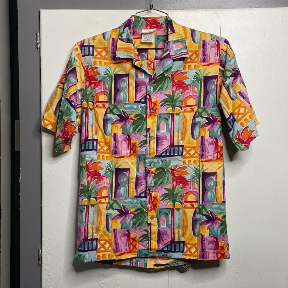 cintas men short sleeve button up shirt medium vintage 80s 90s artsy Hawaiian